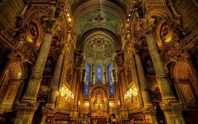 Cathedral Interior — Gold, Dramatic, Photograph, Stained Glass, Columns