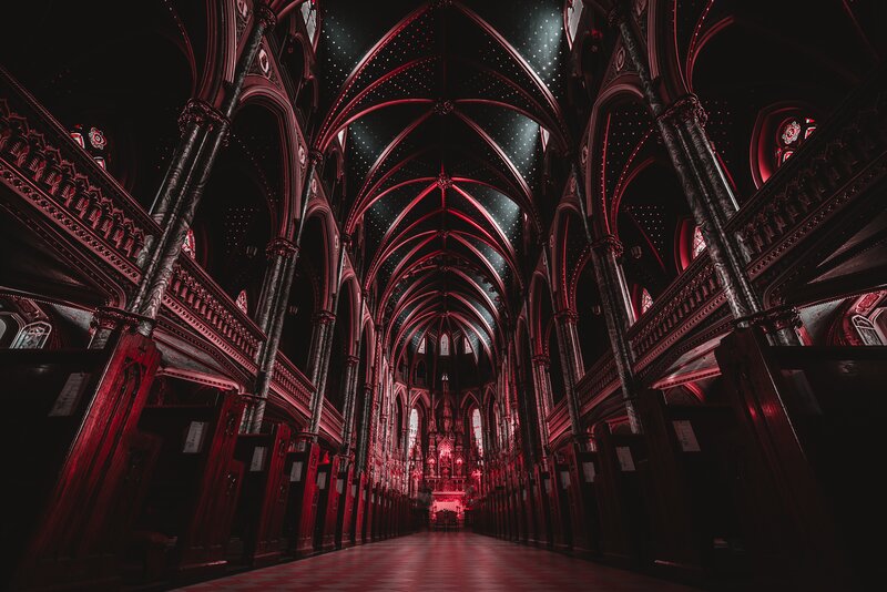 Cathedral Interior — Red, Dramatic, Night