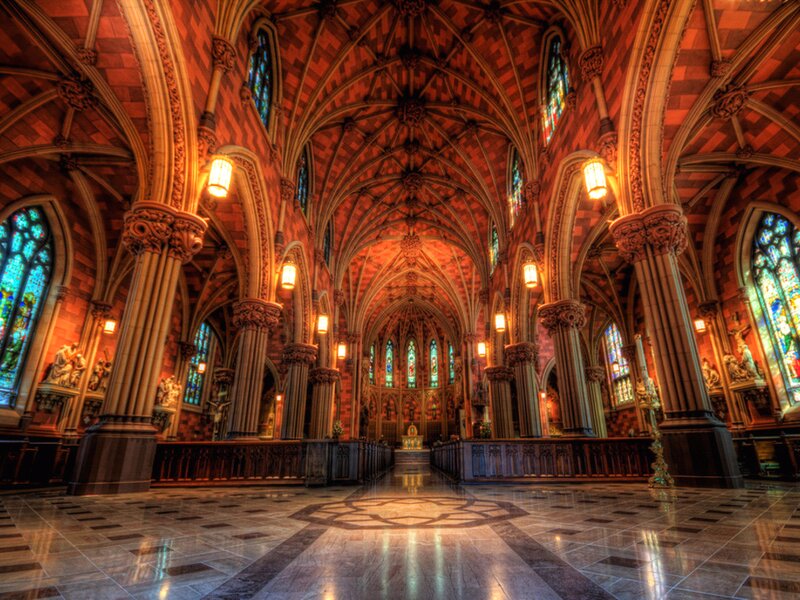 Cathedral Interior — Red, Dramatic, Photograph, Stained Glass