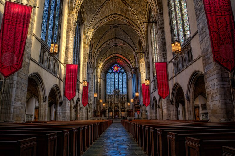 Cathedral interior with banners