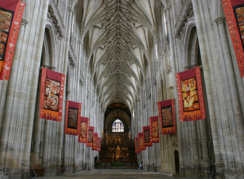 Cathedral interior with banners
