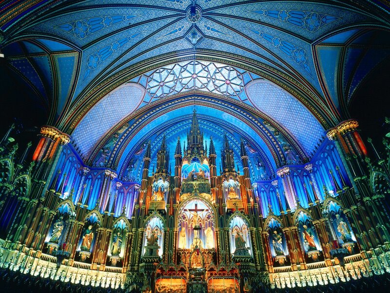 Cathedral interior with blue lighting