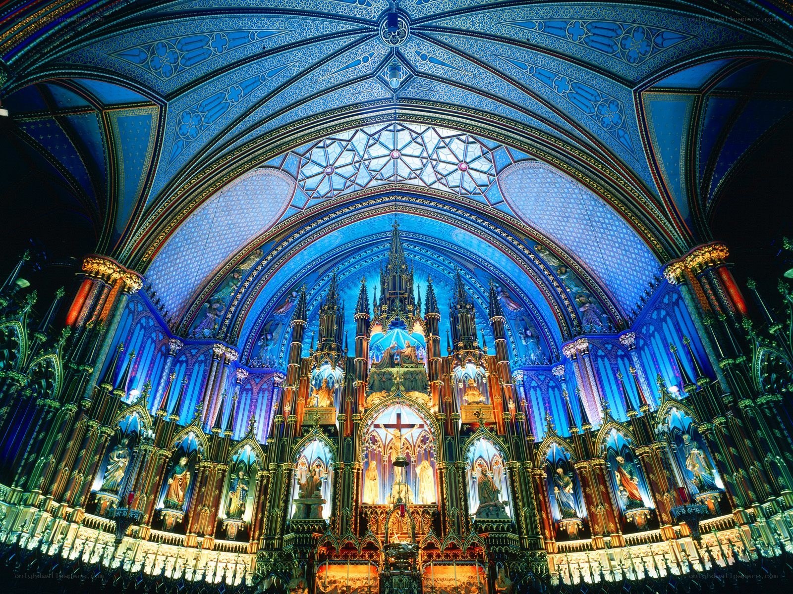 Cathedral interior with blue lighting