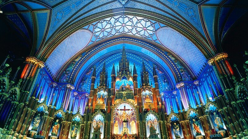 Cathedral interior with blue lighting