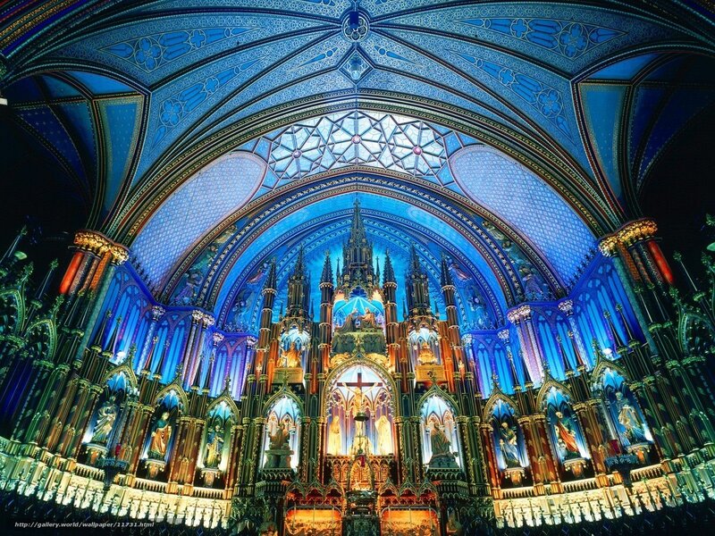Cathedral interior with blue lighting