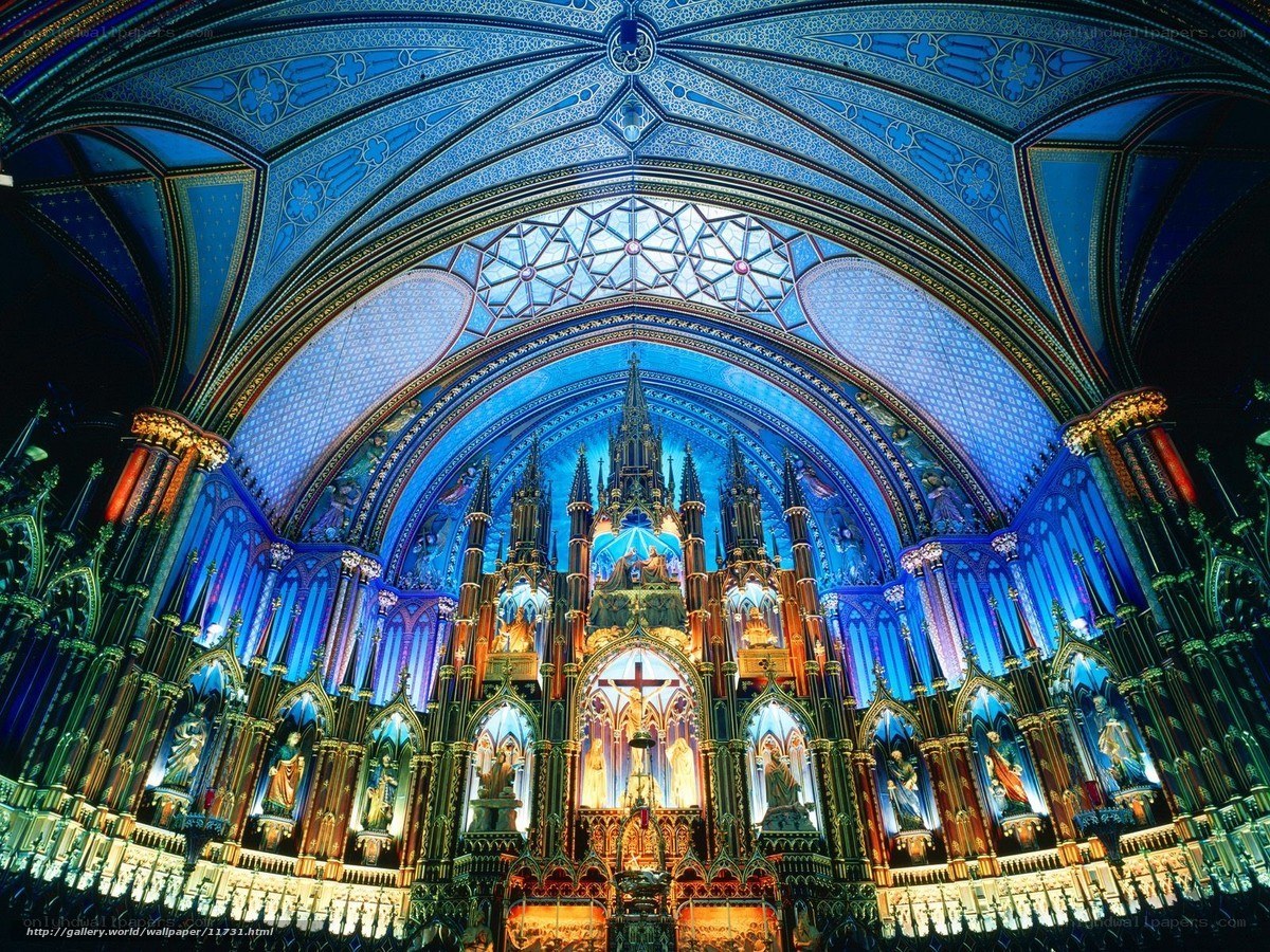 Cathedral interior with blue lighting