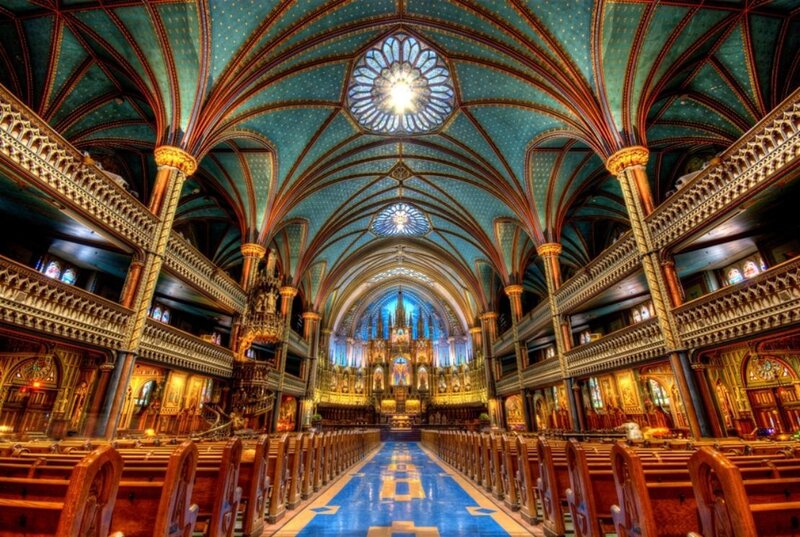 Cathedral interior with blue vaulted ceiling