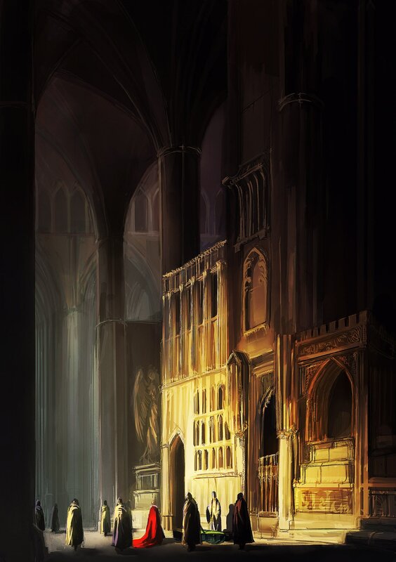 Cathedral interior with figures