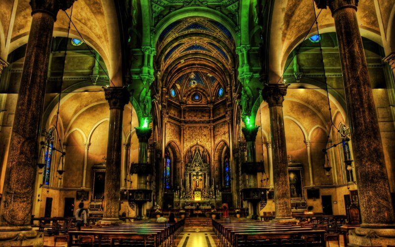 Cathedral interior with green lighting