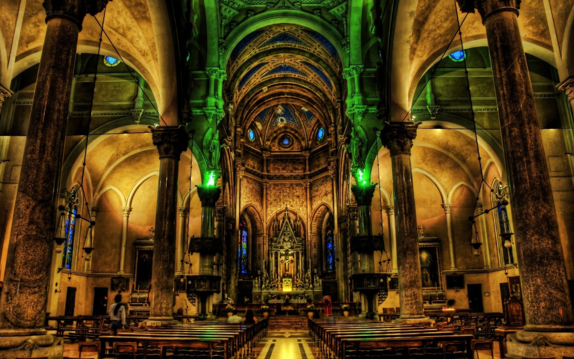 Cathedral interior with green lighting