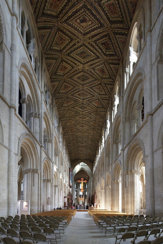 Cathedral interior with patterned ceiling