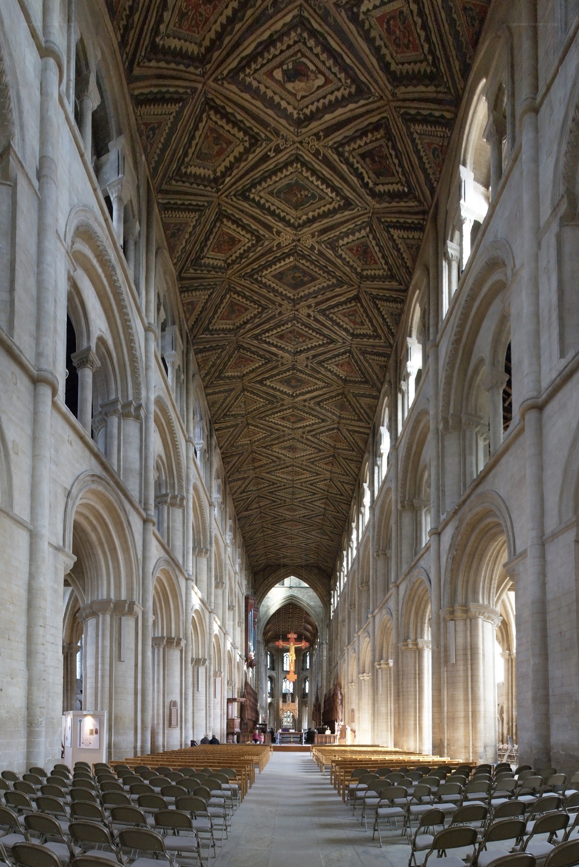 Cathedral interior with patterned ceiling
