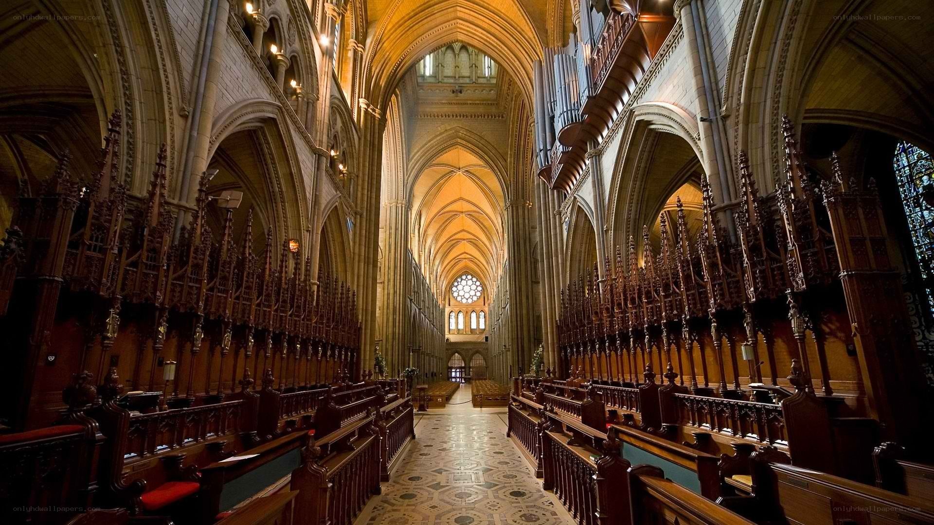 Cathedral interior with pews