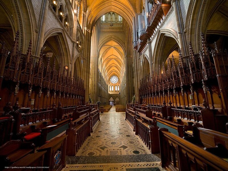 Cathedral interior with pews