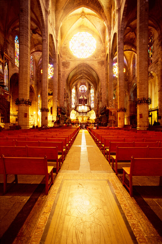 Cathedral interior with rose window