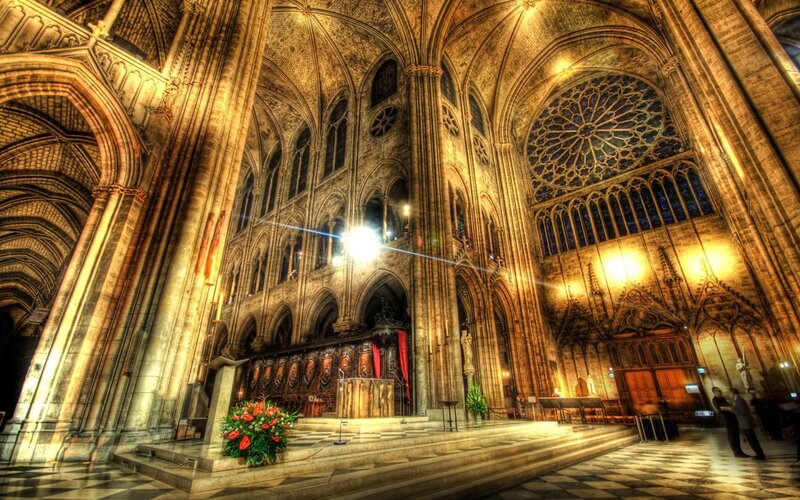 Cathedral interior with rose window