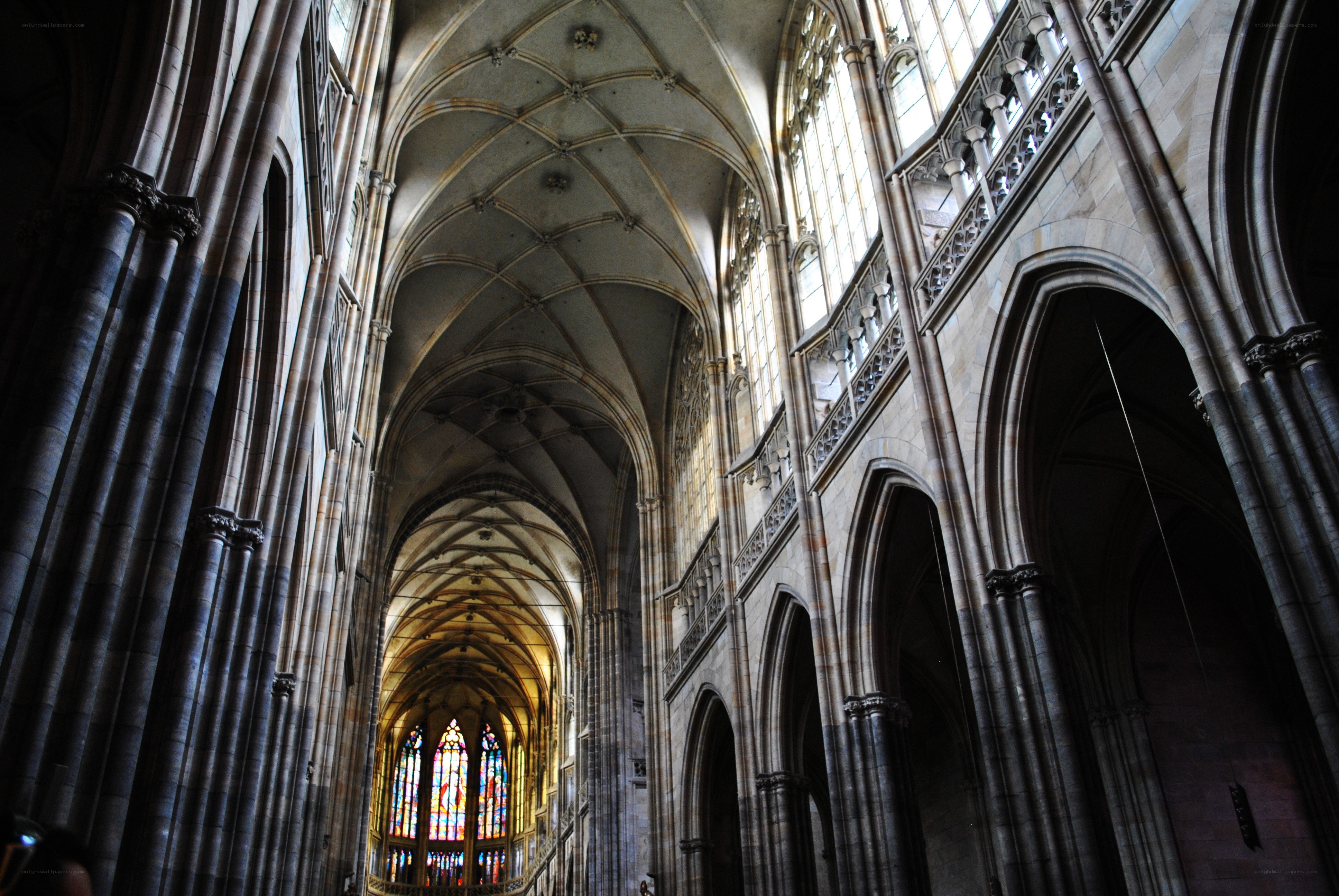 Cathedral interior with stained glass