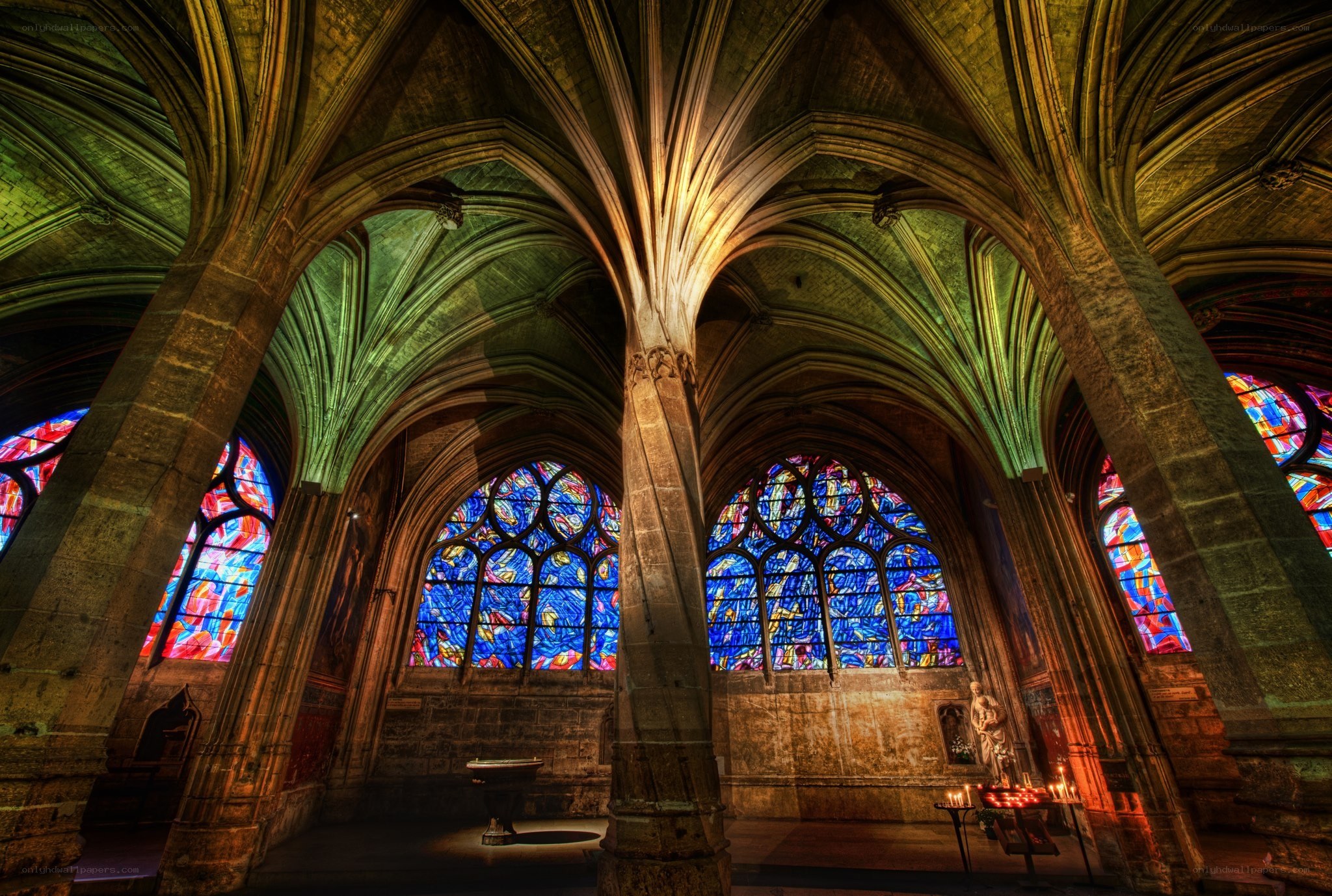 Cathedral interior with stained glass