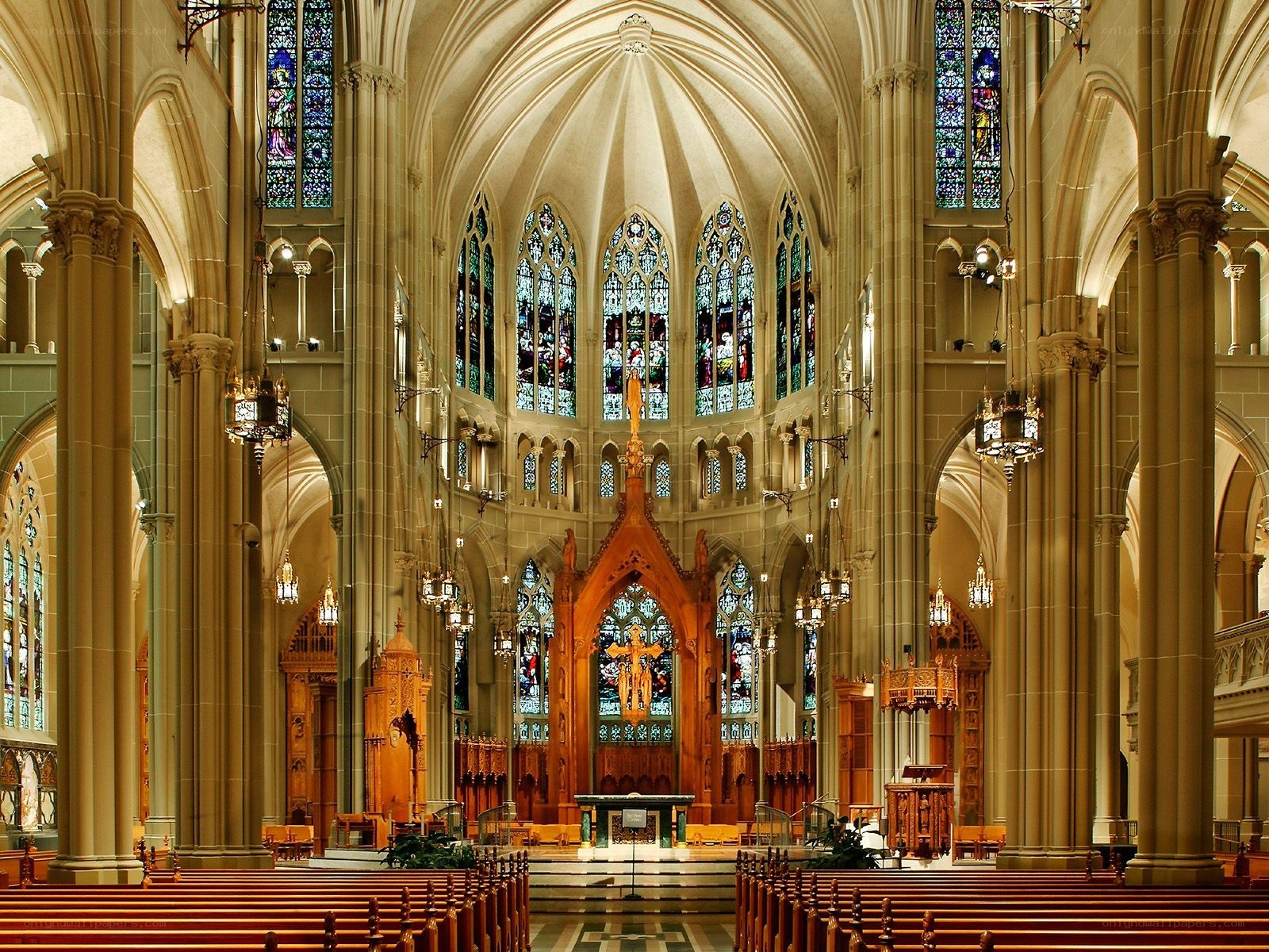 Cathedral interior with stained glass