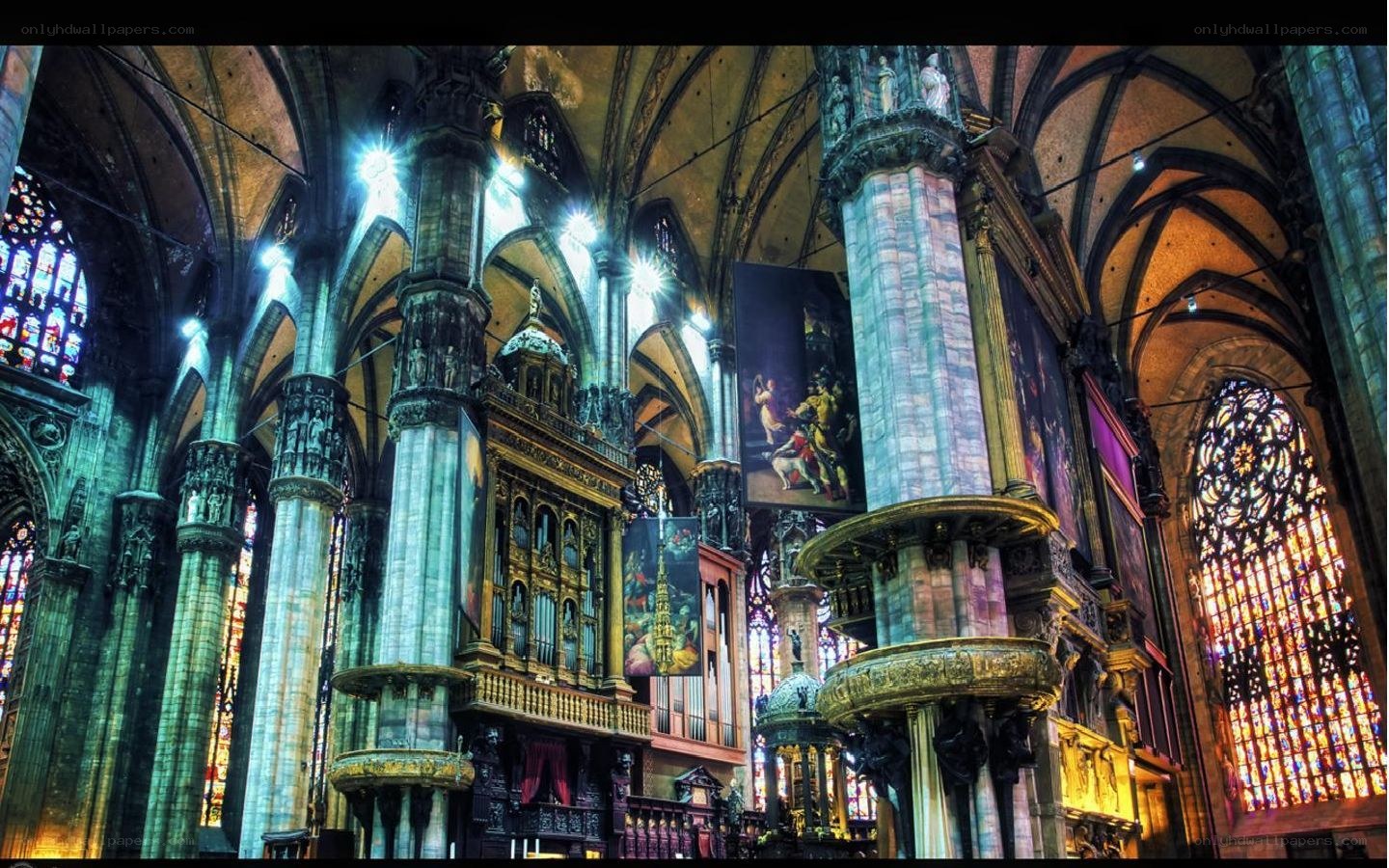 Cathedral interior with stained glass
