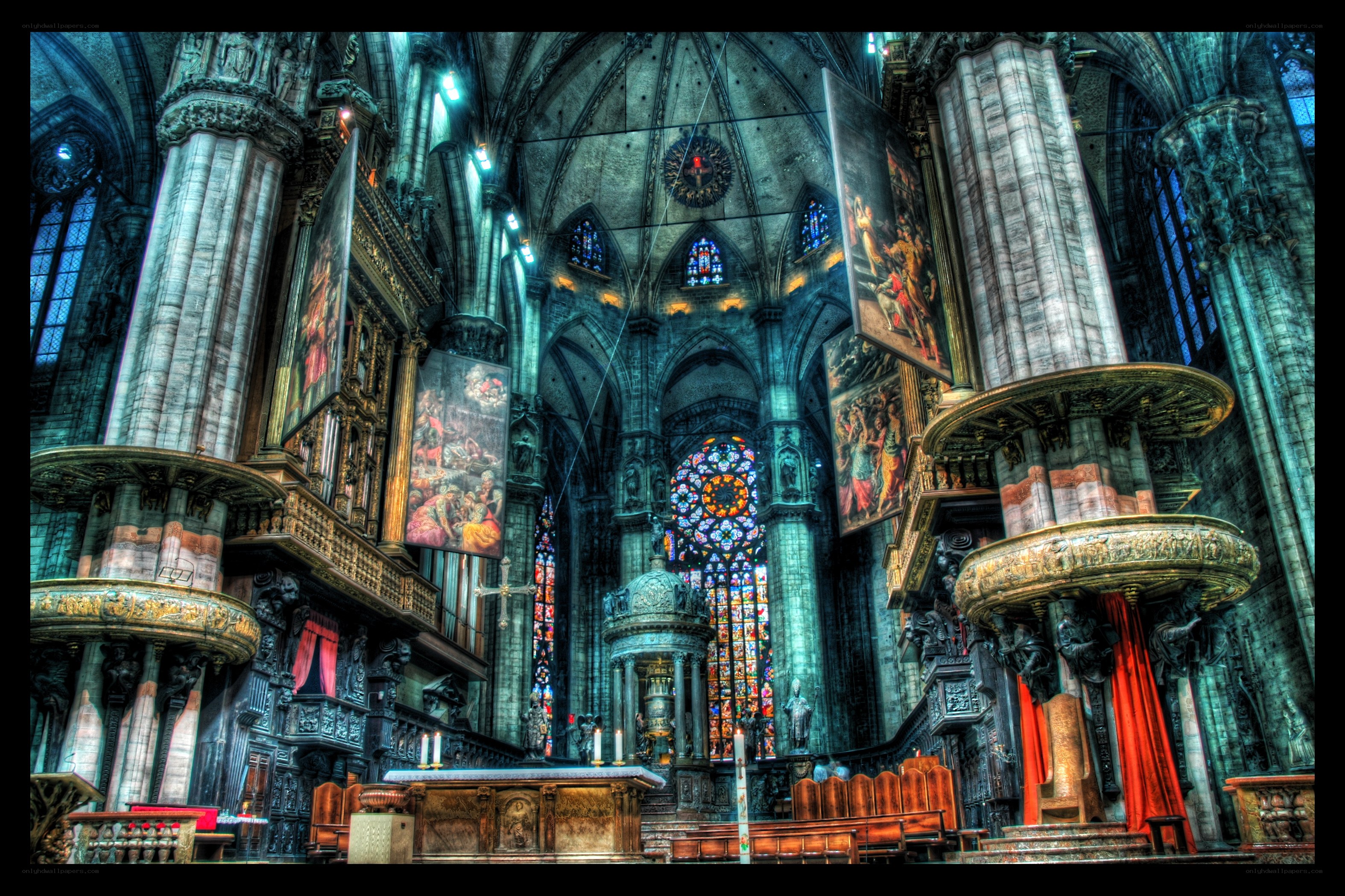 Cathedral interior with stained glass