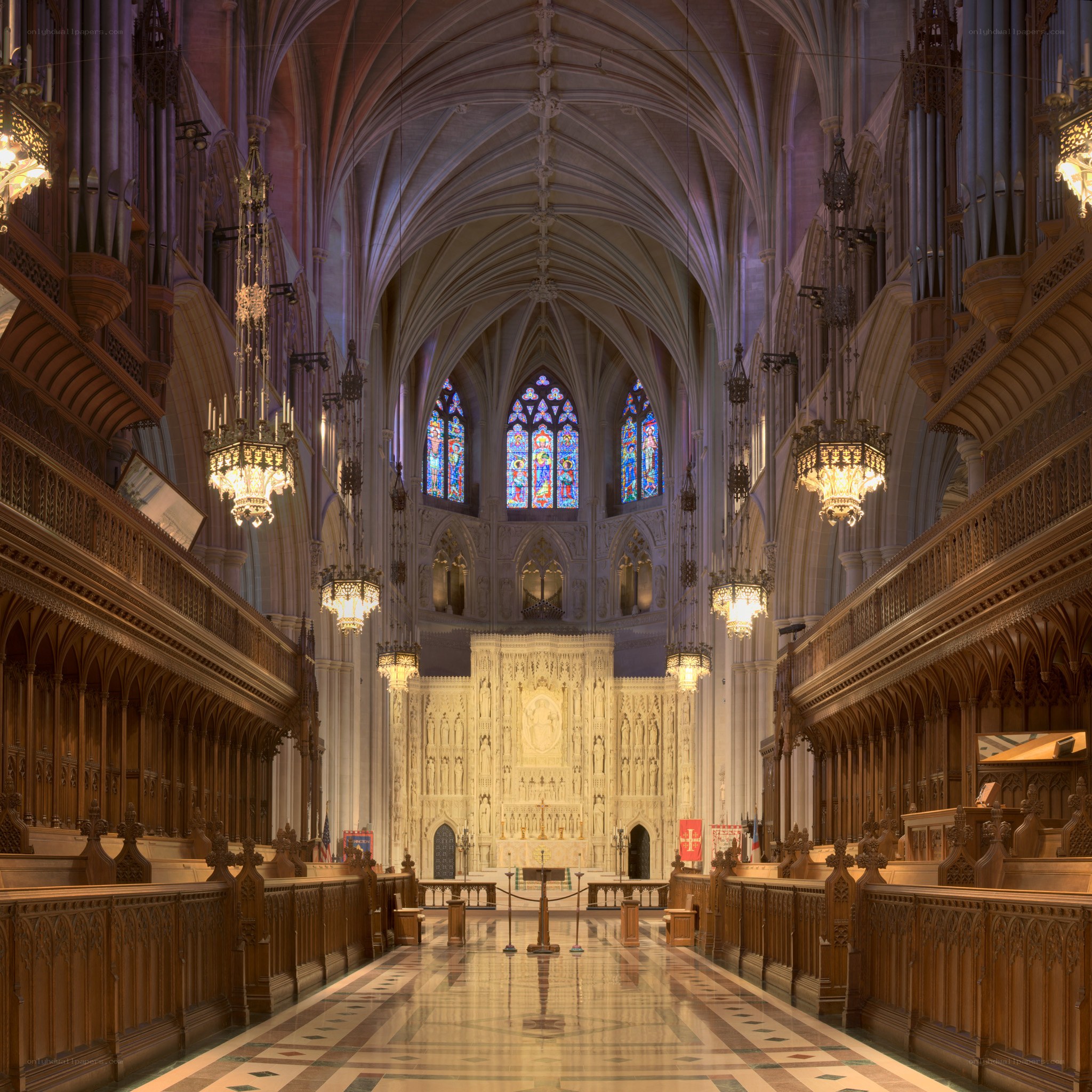 Cathedral interior with stained glass
