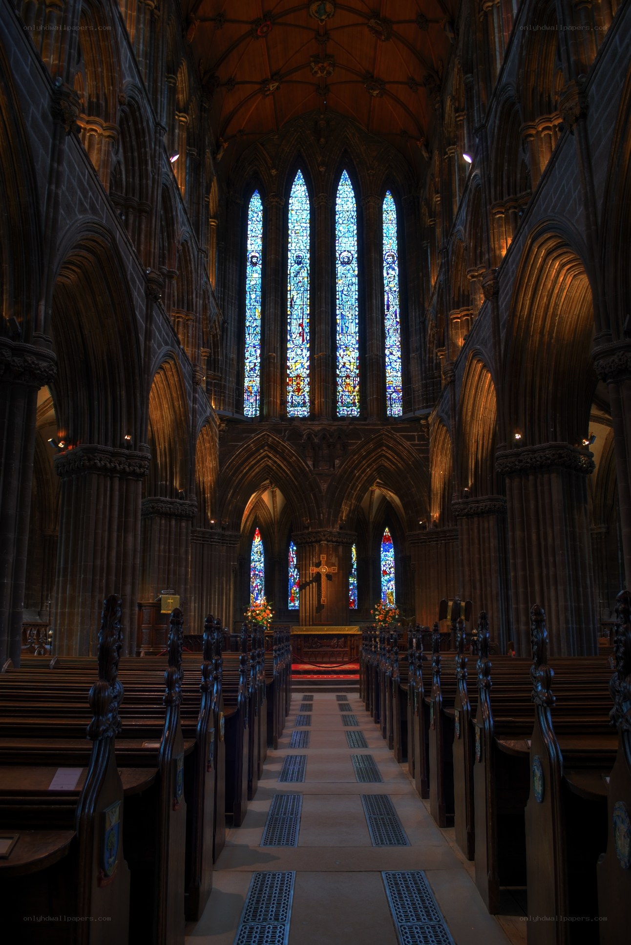 Cathedral interior with stained glass