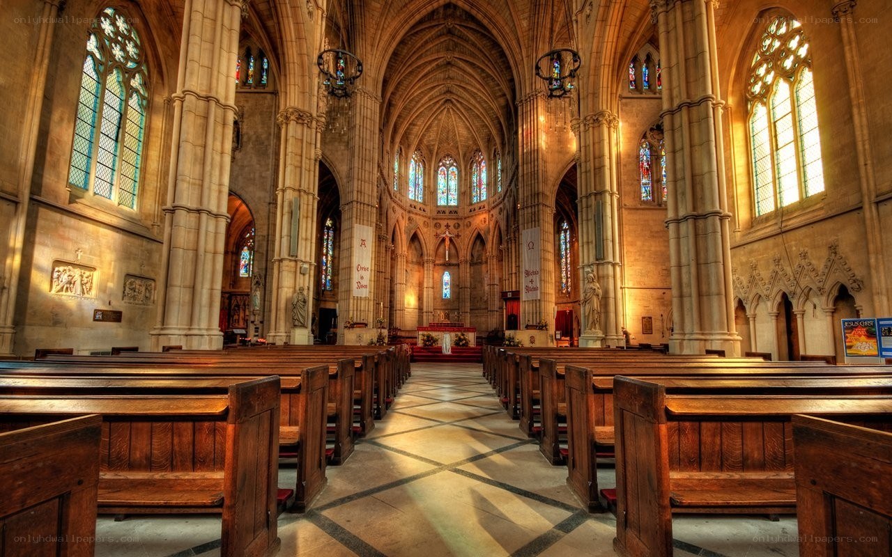 Cathedral interior with stained glass