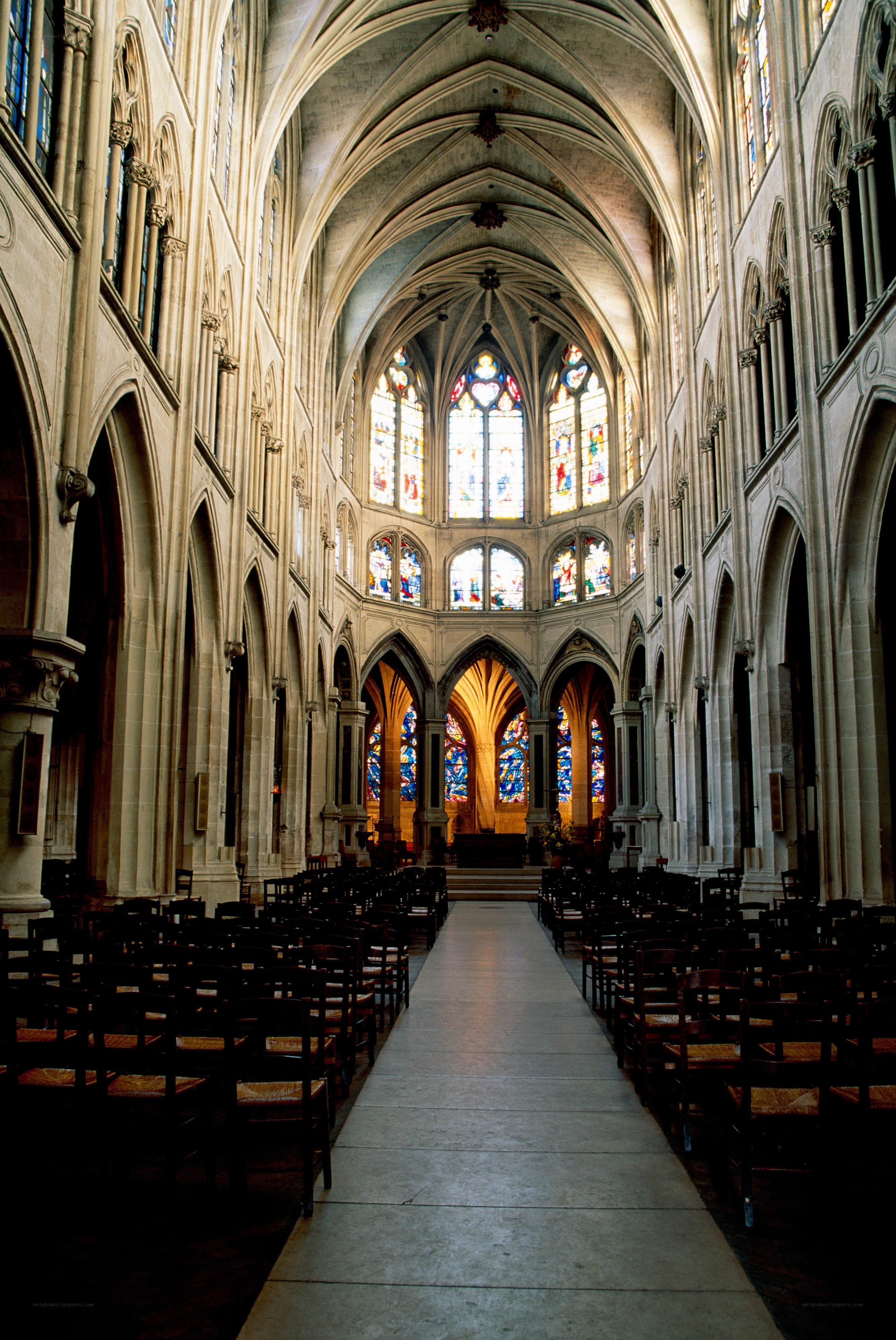 Cathedral interior with stained glass