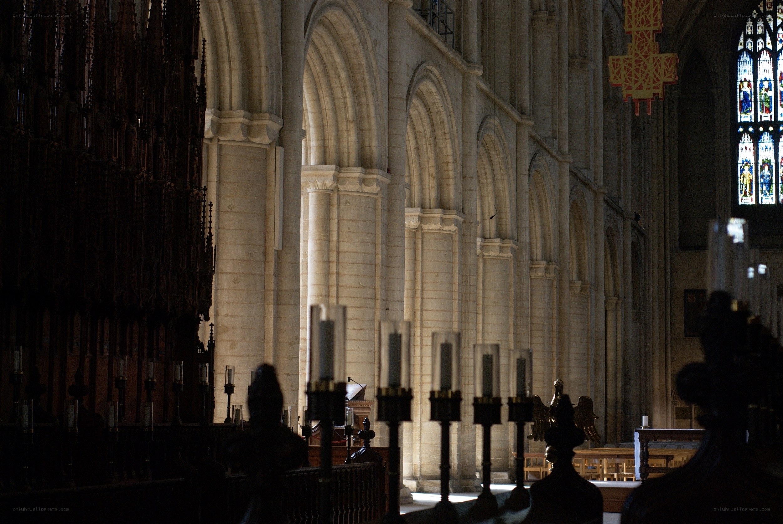 Cathedral interior with stained glass