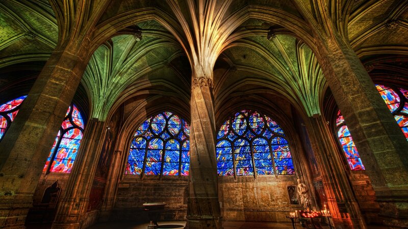 Cathedral Interior with Stained Glass — Blue, Dramatic