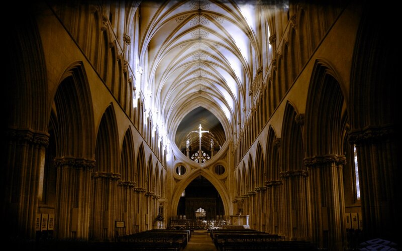 Cathedral interior with vaulted ceiling