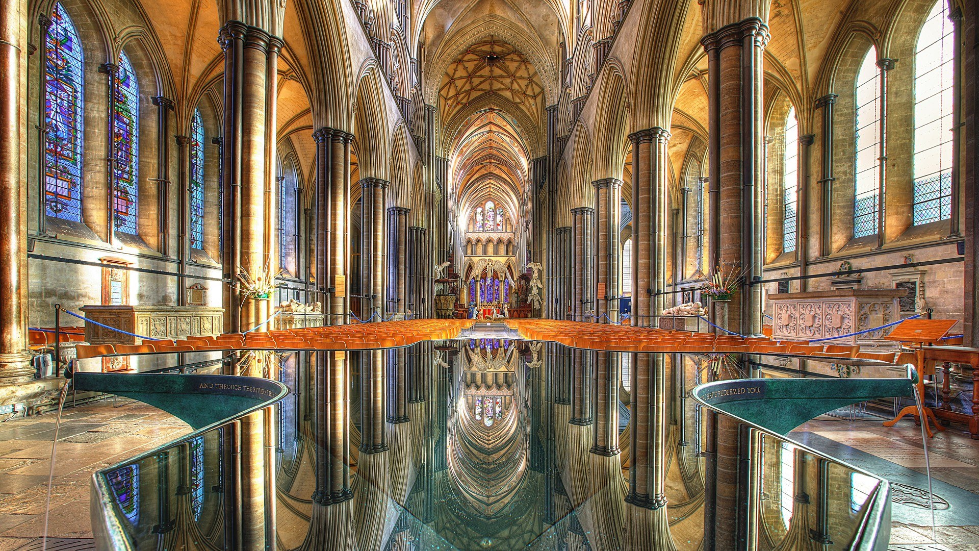 Cathedral interior with water feature