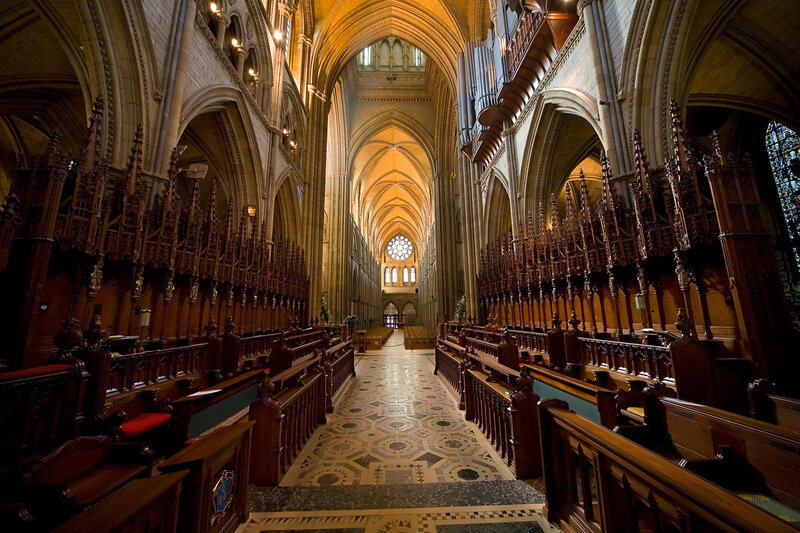 Cathedral interior with wooden pews