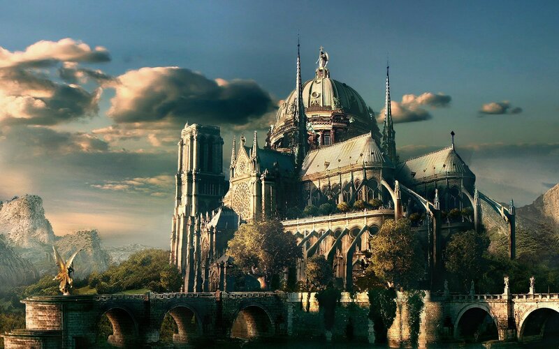Cathedral on Island — Blue, Dramatic, Sunset, Digital Art, Bridge, Mountains