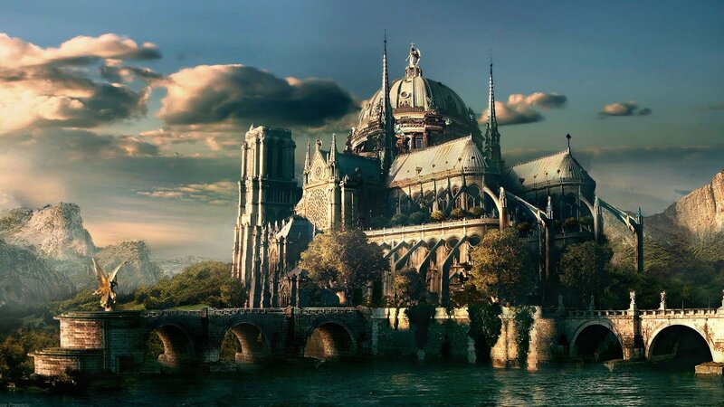 Cathedral on Island — Blue, Dramatic, Sunset, Digital Art