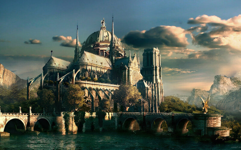 Cathedral on Island — Blue, Dramatic, Sunset
