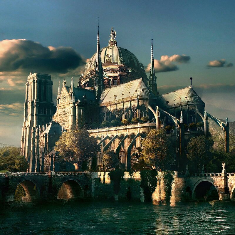 Cathedral on Island — Blue, Dramatic