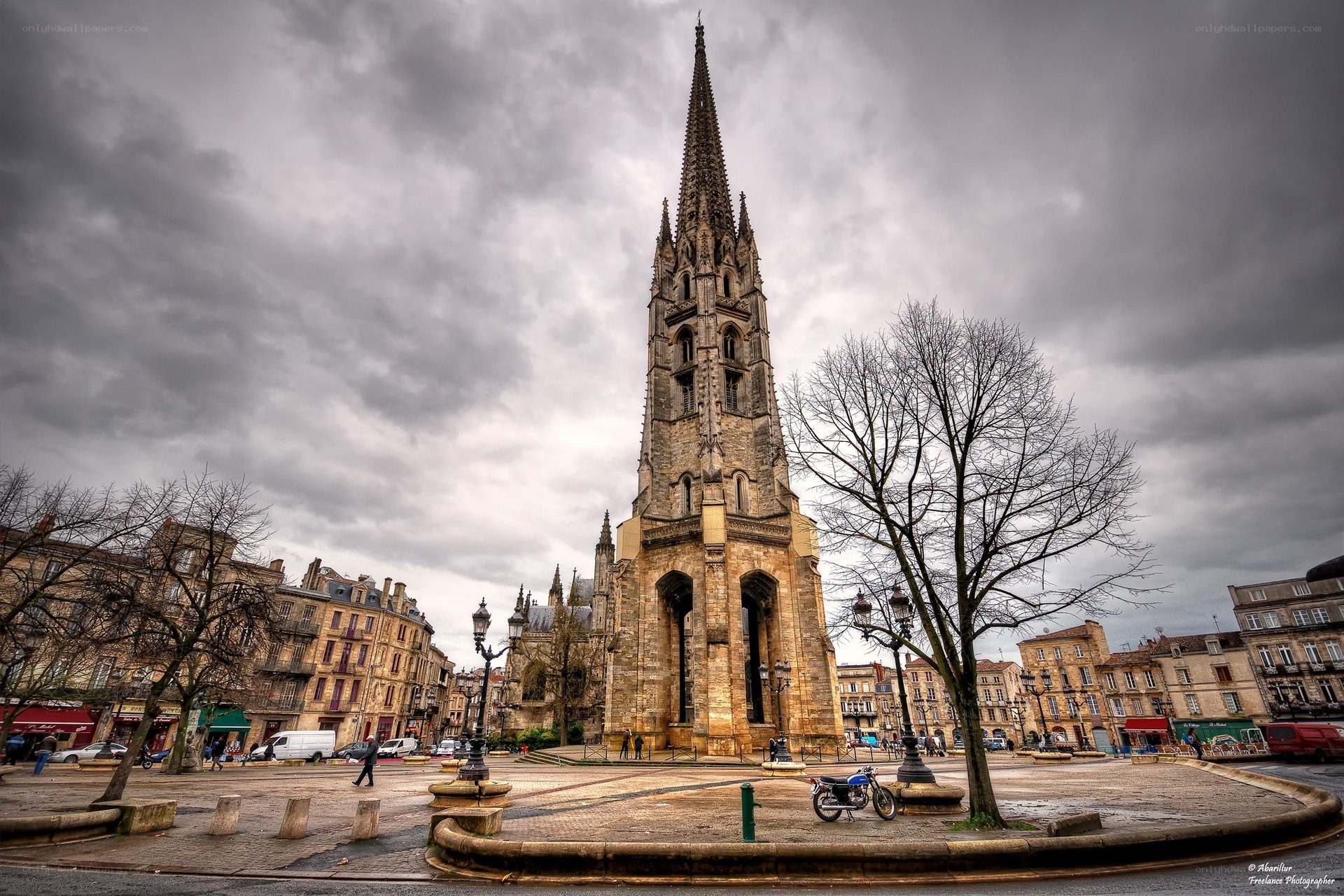 Cathedral spire in town square