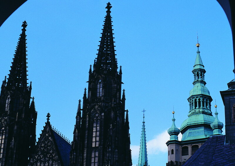 Cathedral spires against blue sky