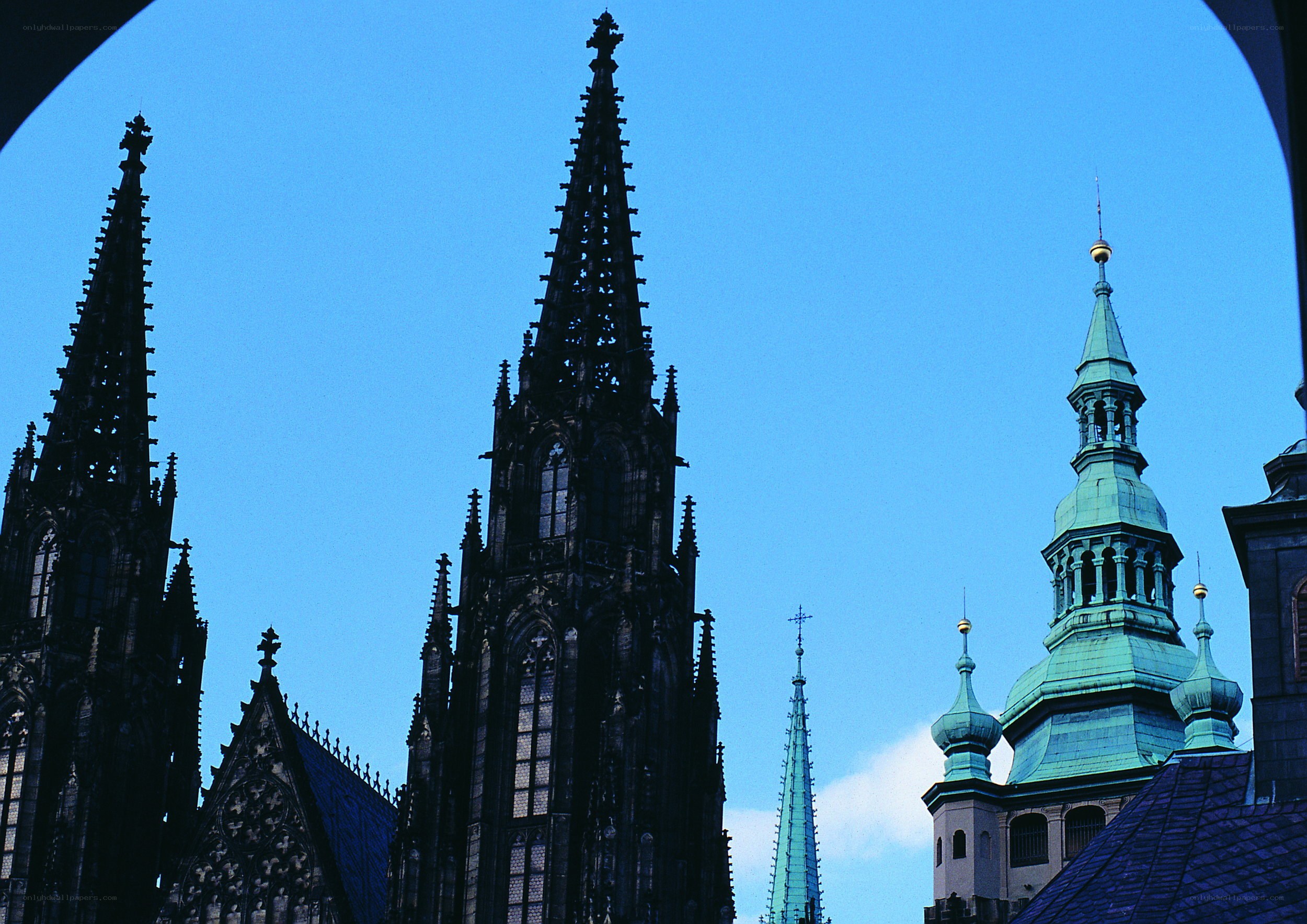 Cathedral spires against blue sky