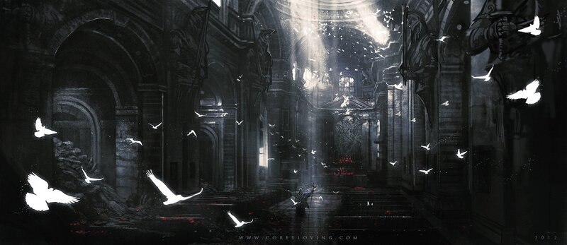 Cathedral with flying birds