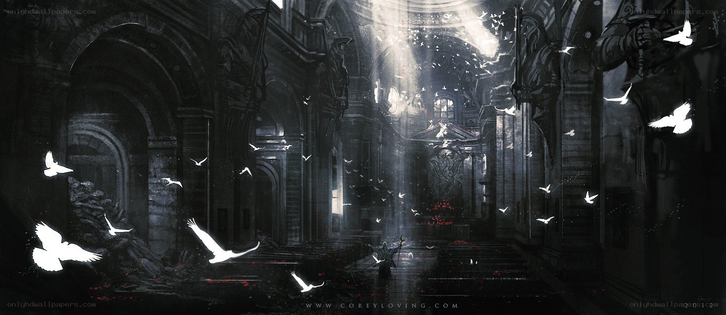 Cathedral with flying birds