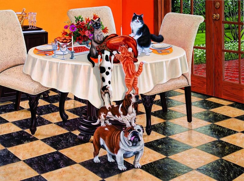 Cats and Dogs at Dinner Table
