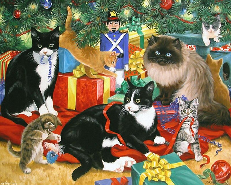 Cats Around Christmas Tree