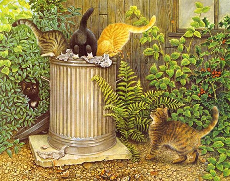 Cats Around Trash Can
