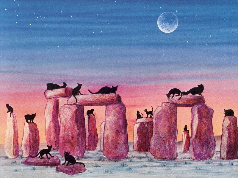 Cats at Stonehenge under moonlight