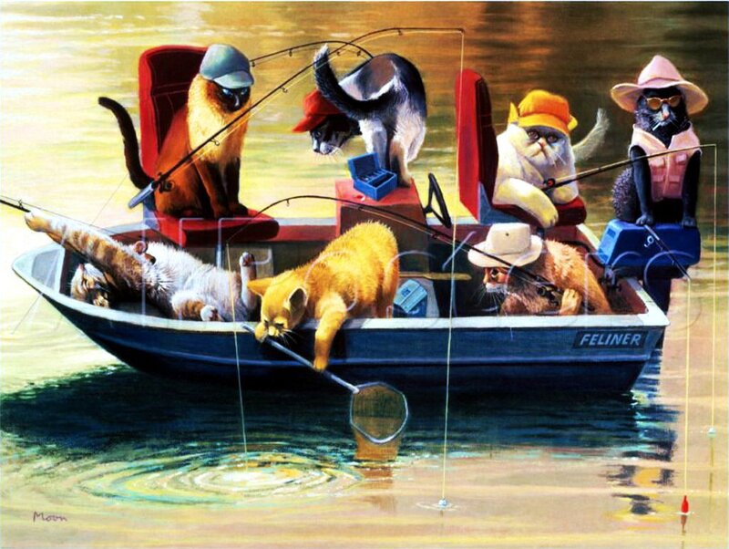 Cats Fishing in a Boat
