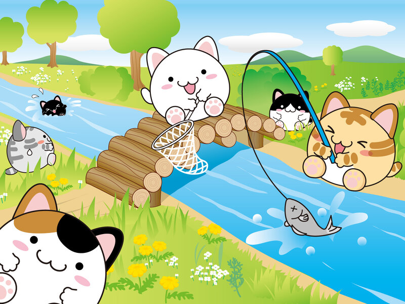 Cats Fishing in a River