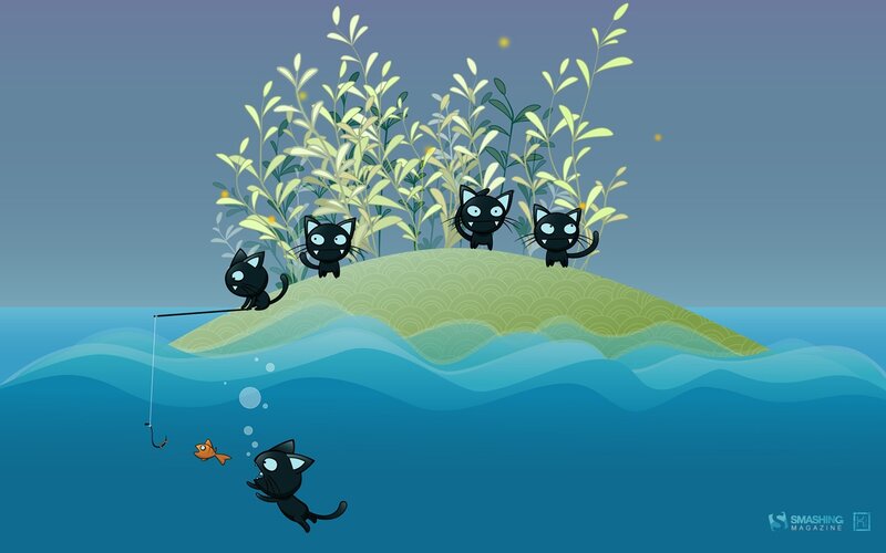 Cats fishing on a small island